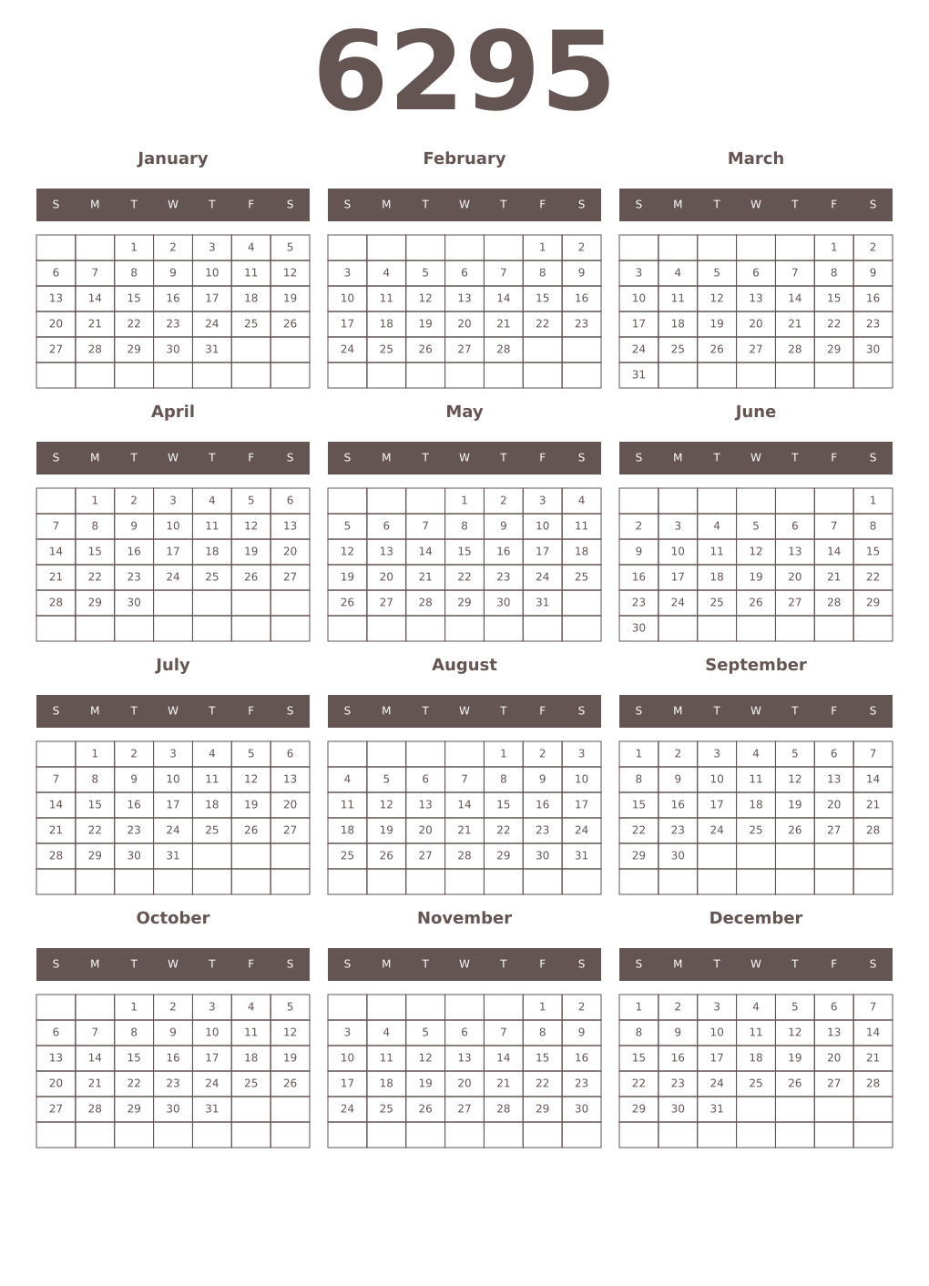 Printable 6295 Year Calendars wenge