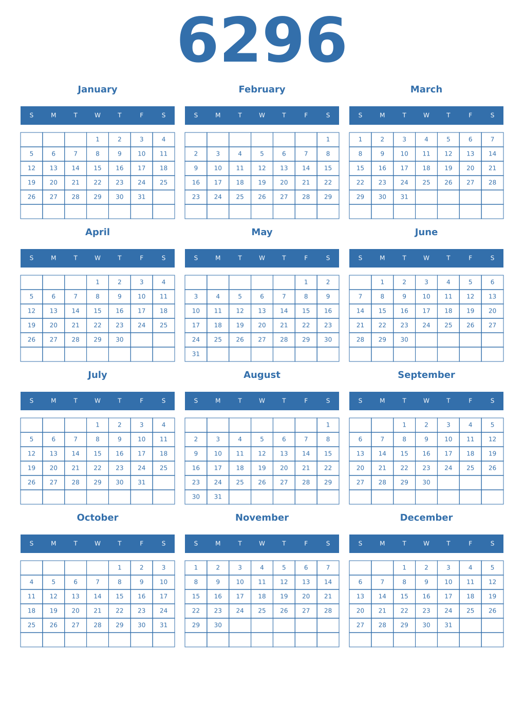 Printable 6296 Year Calendars blue