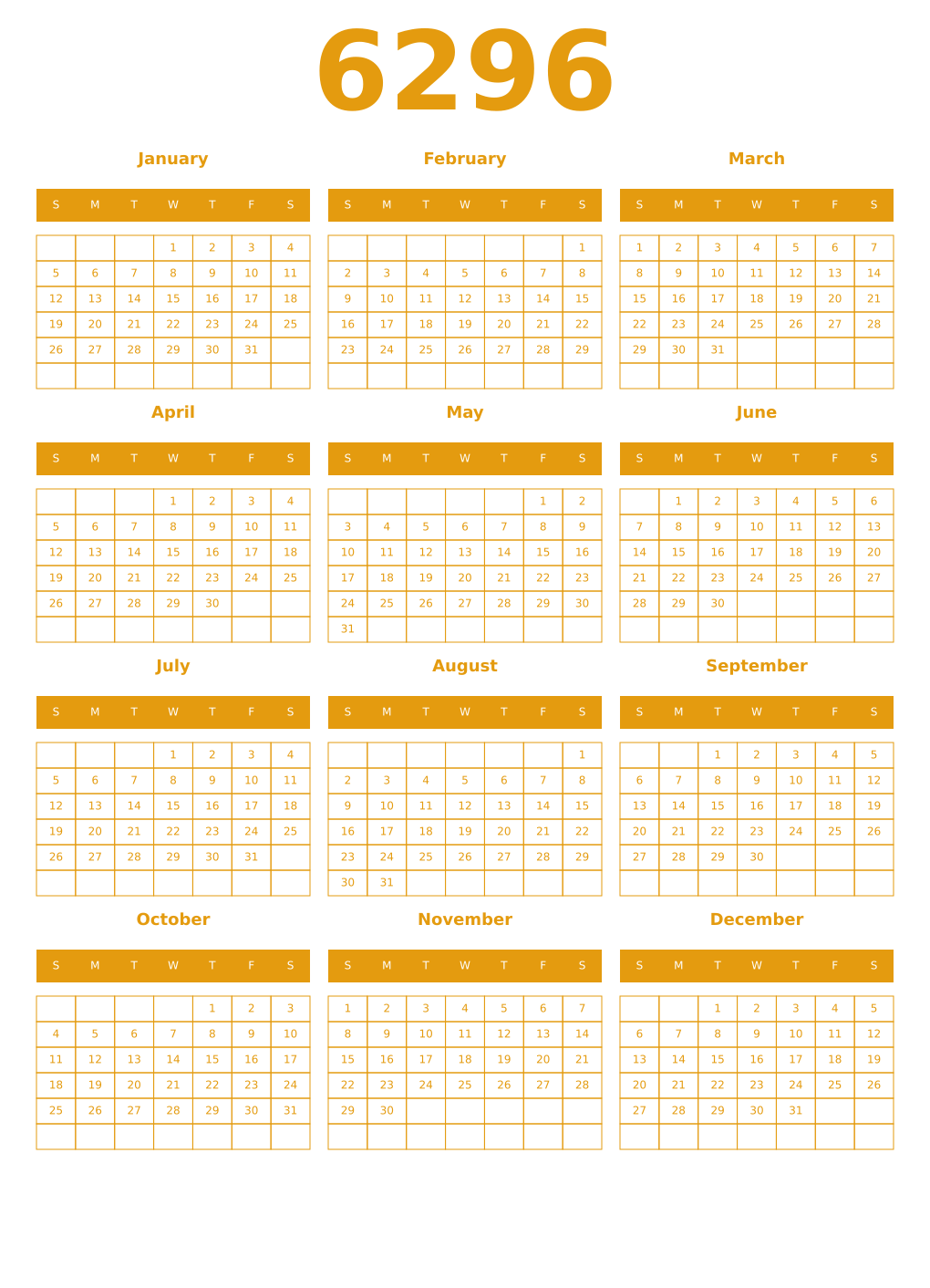 Printable 6296 Year Calendars gamboge