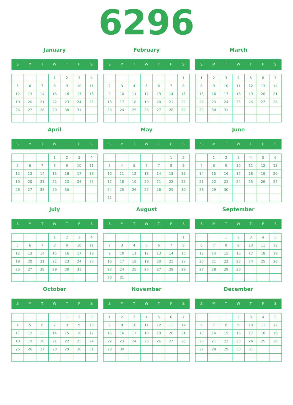 Printable 6296 Year Calendars green