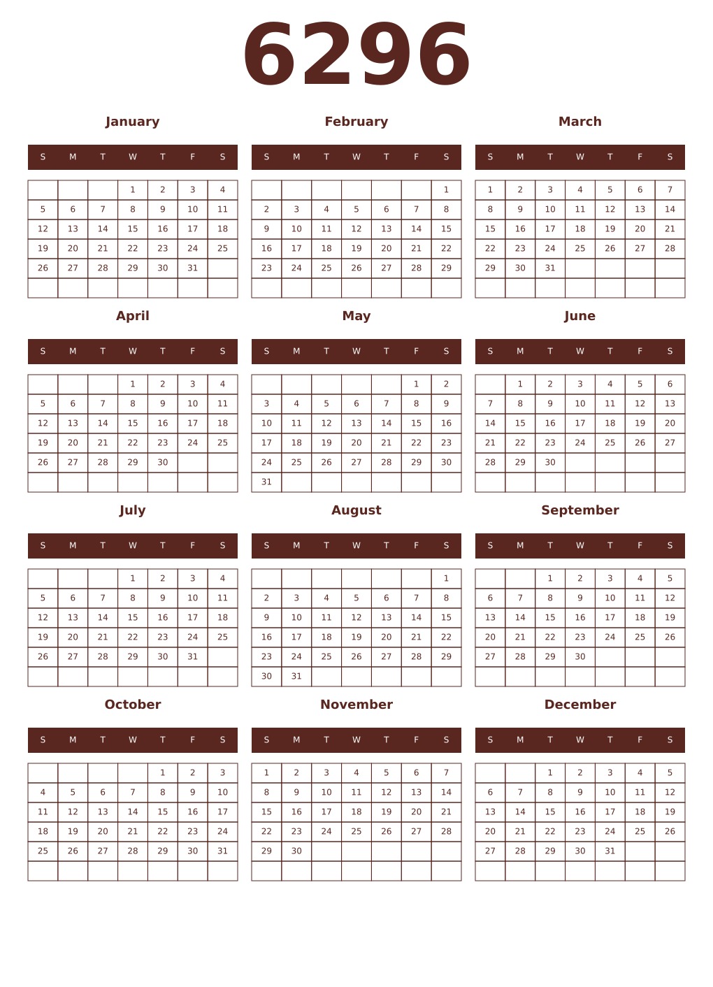 Printable 6296 Year Calendars mortuum