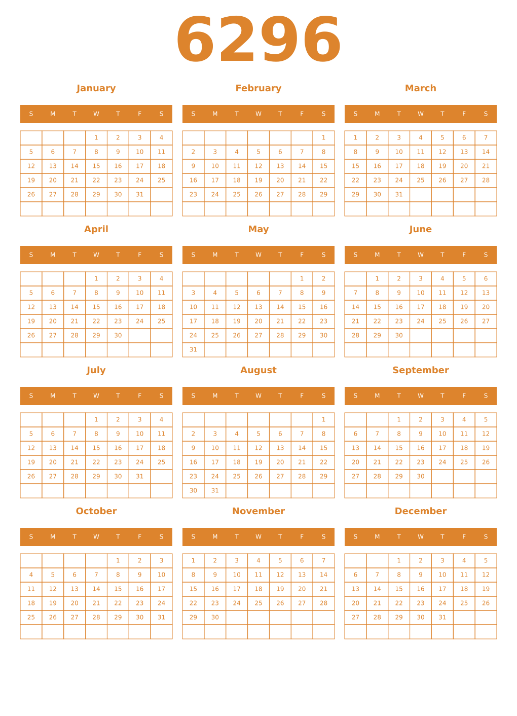 Printable 6296 Year Calendars orange