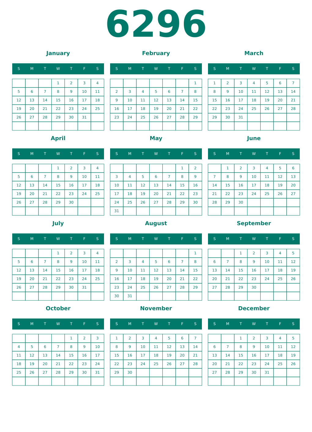 Printable 6296 Year Calendars pastel
