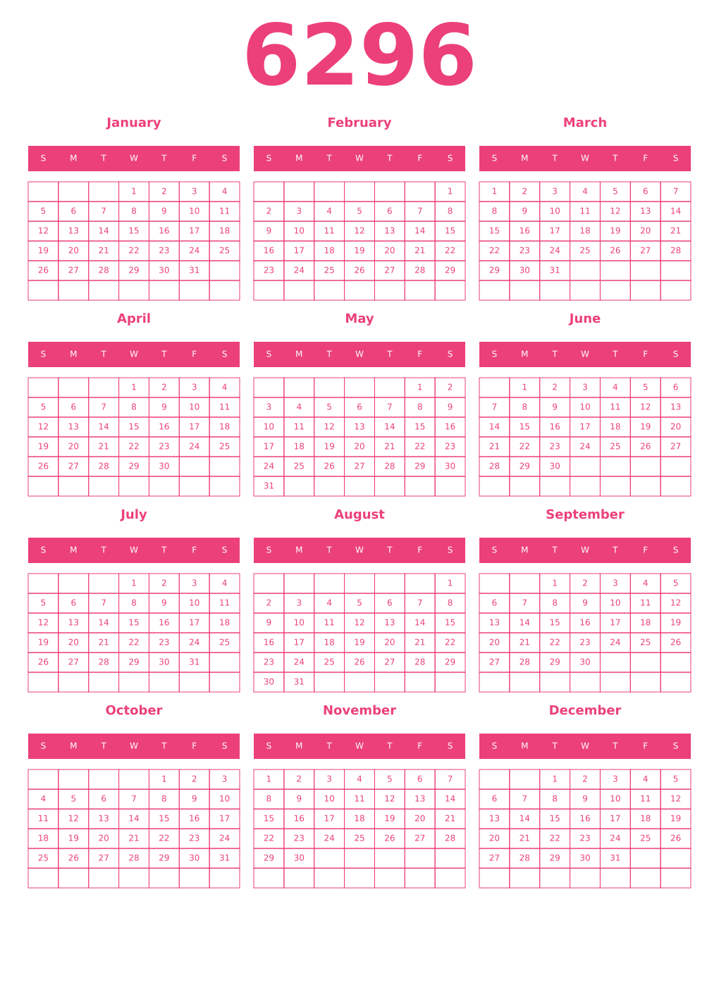 Printable 6296 Year Calendars pink