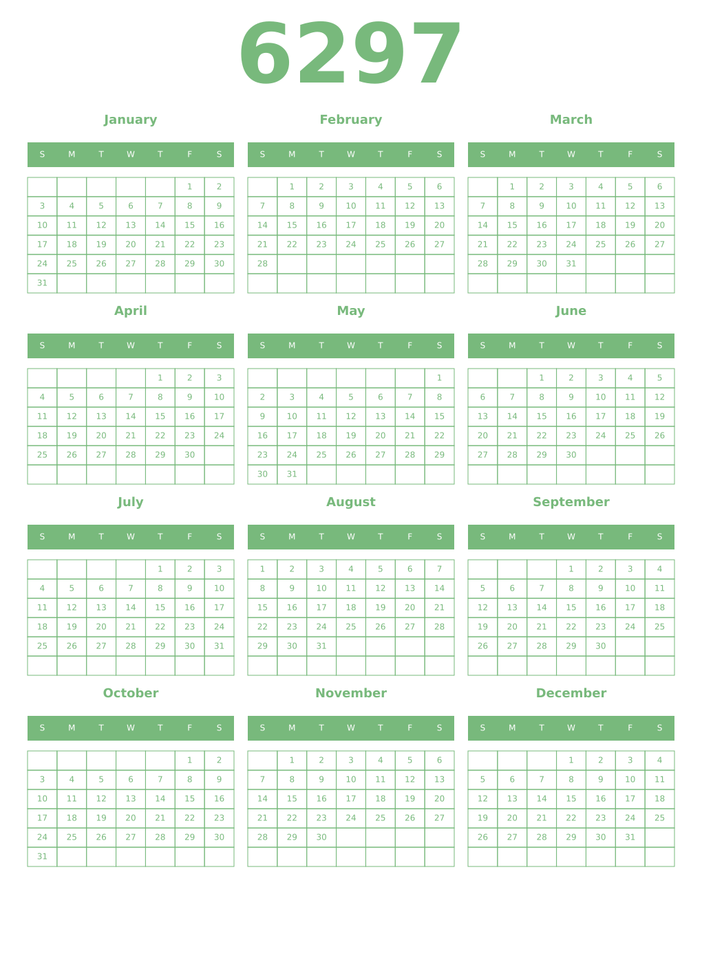 Printable 6297 Year Calendars celadon