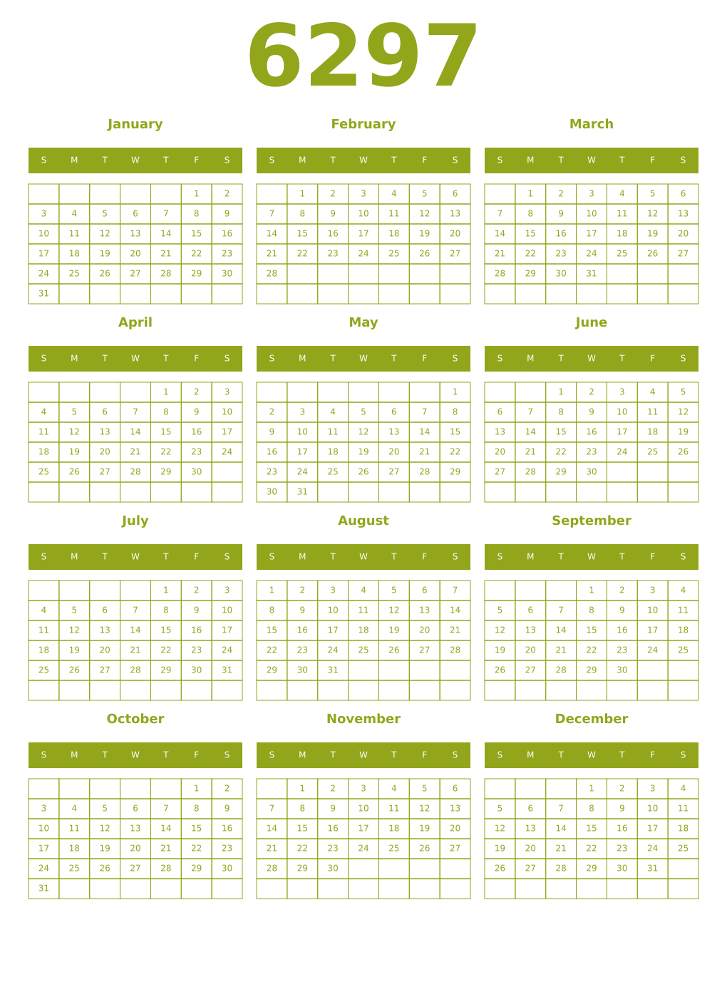 Printable 6297 Year Calendars chartreuse