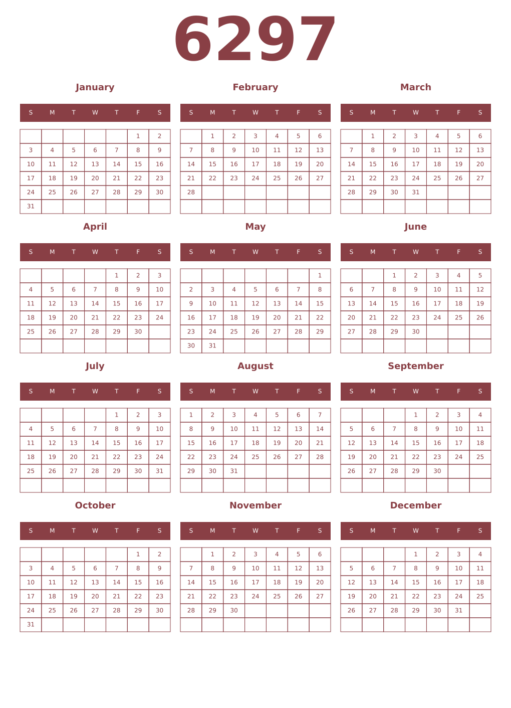 Printable 6297 Year Calendars cordovan