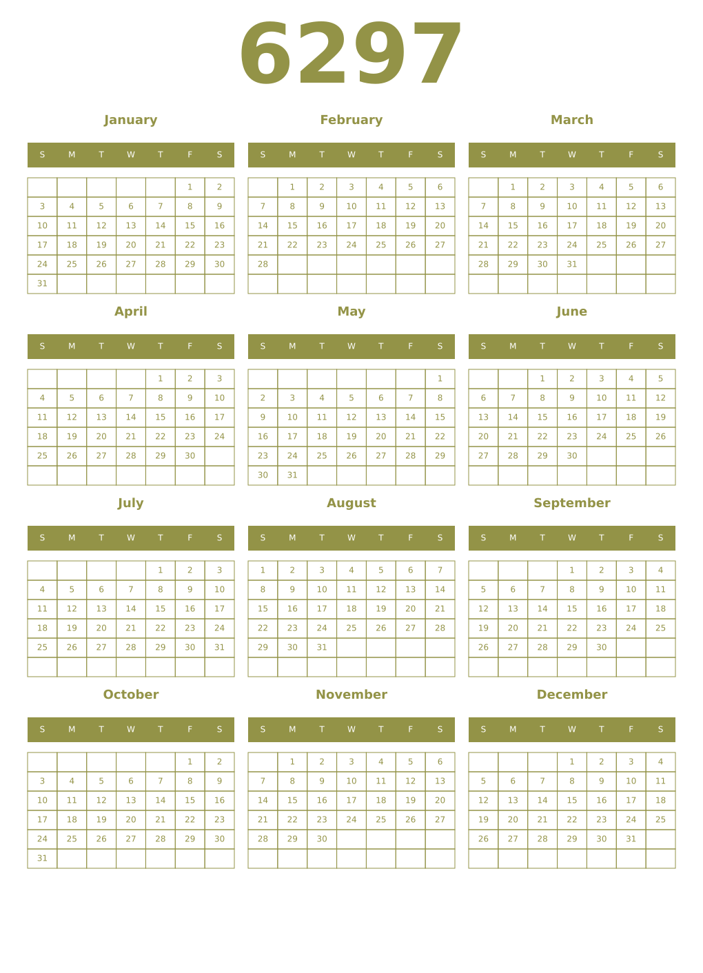 Printable 6297 Year Calendars eburnean