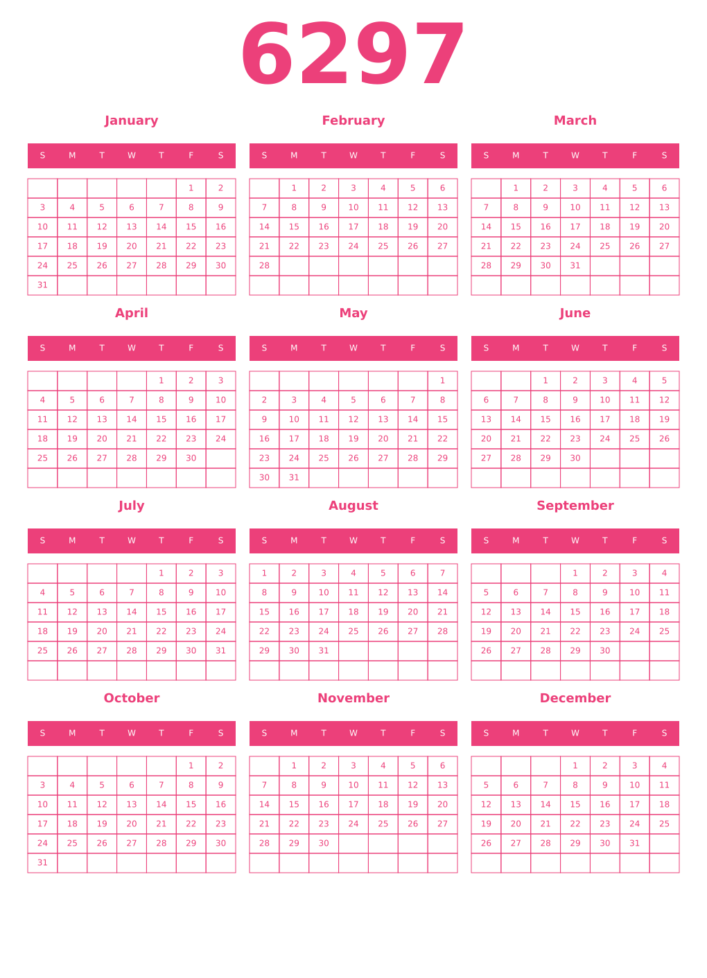Printable 6297 Year Calendars pink