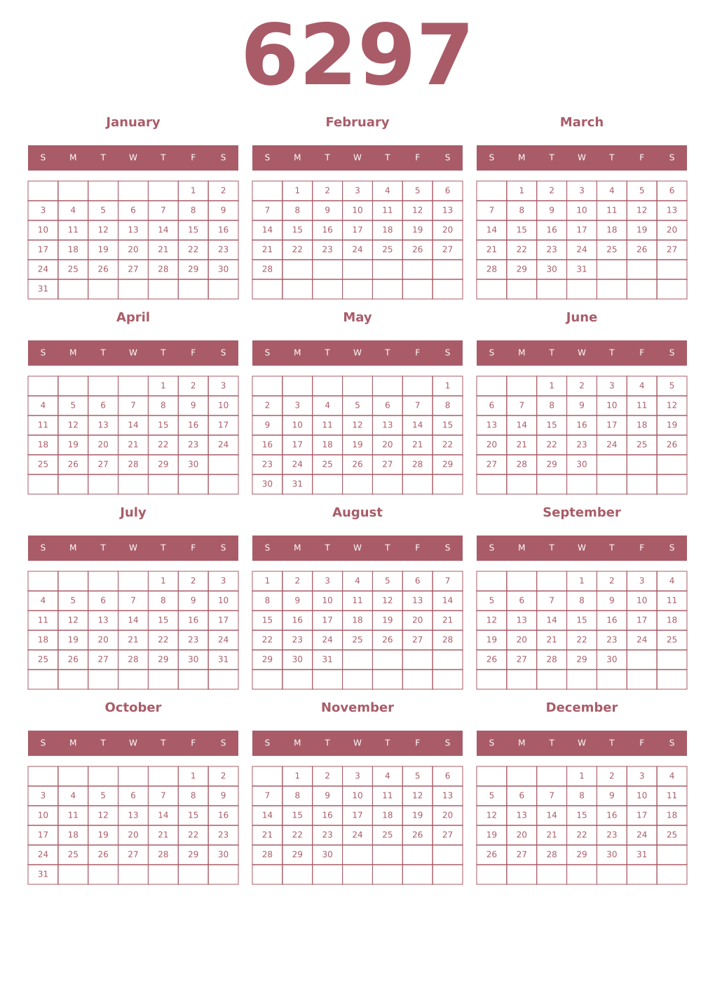 Printable 6297 Year Calendars puce