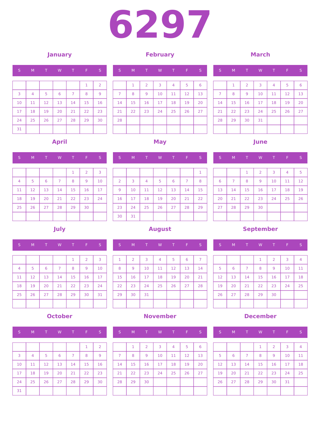 Printable 6297 Year Calendars purple