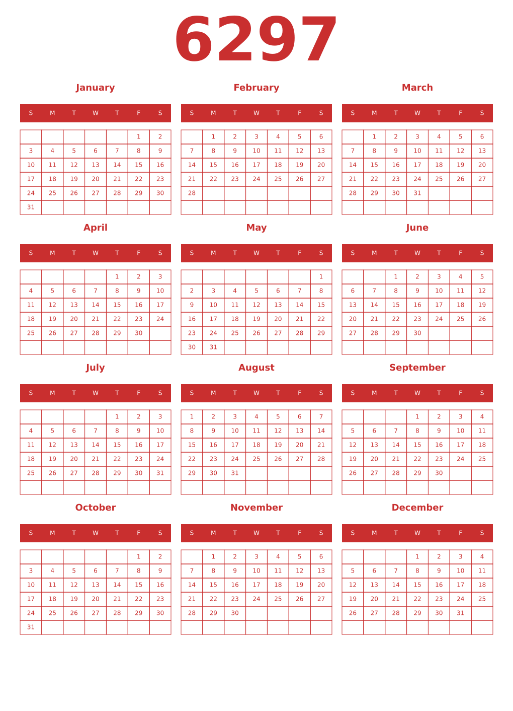 Printable 6297 Year Calendars red