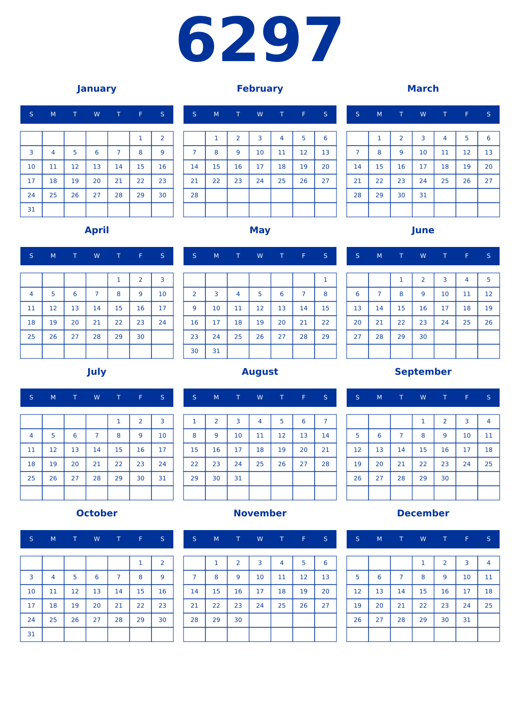 Printable 6297 Year Calendars smalt