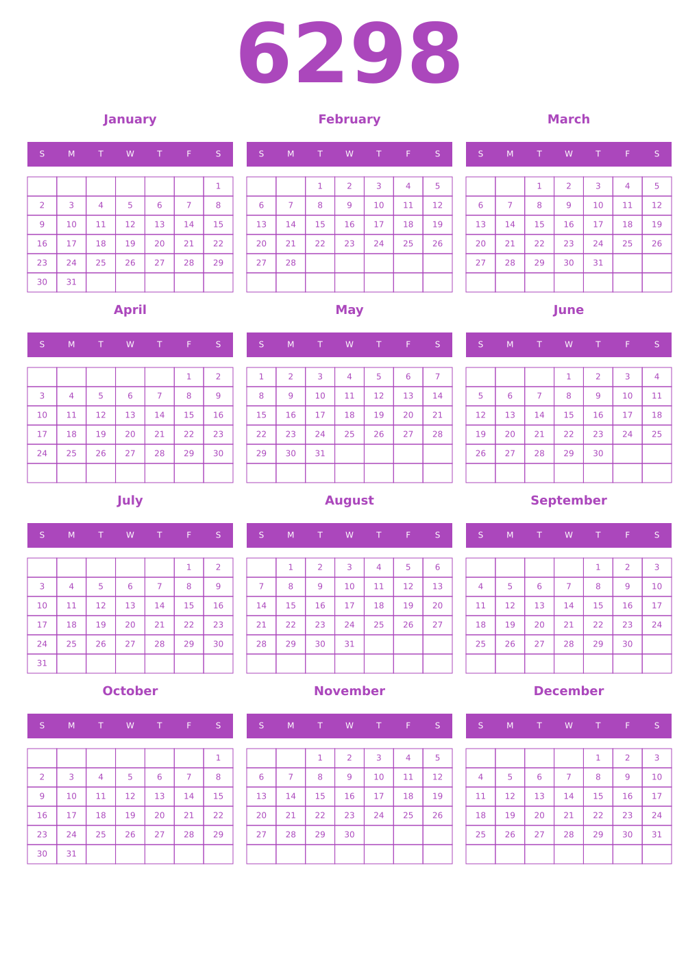 Printable 6298 Year Calendars purple