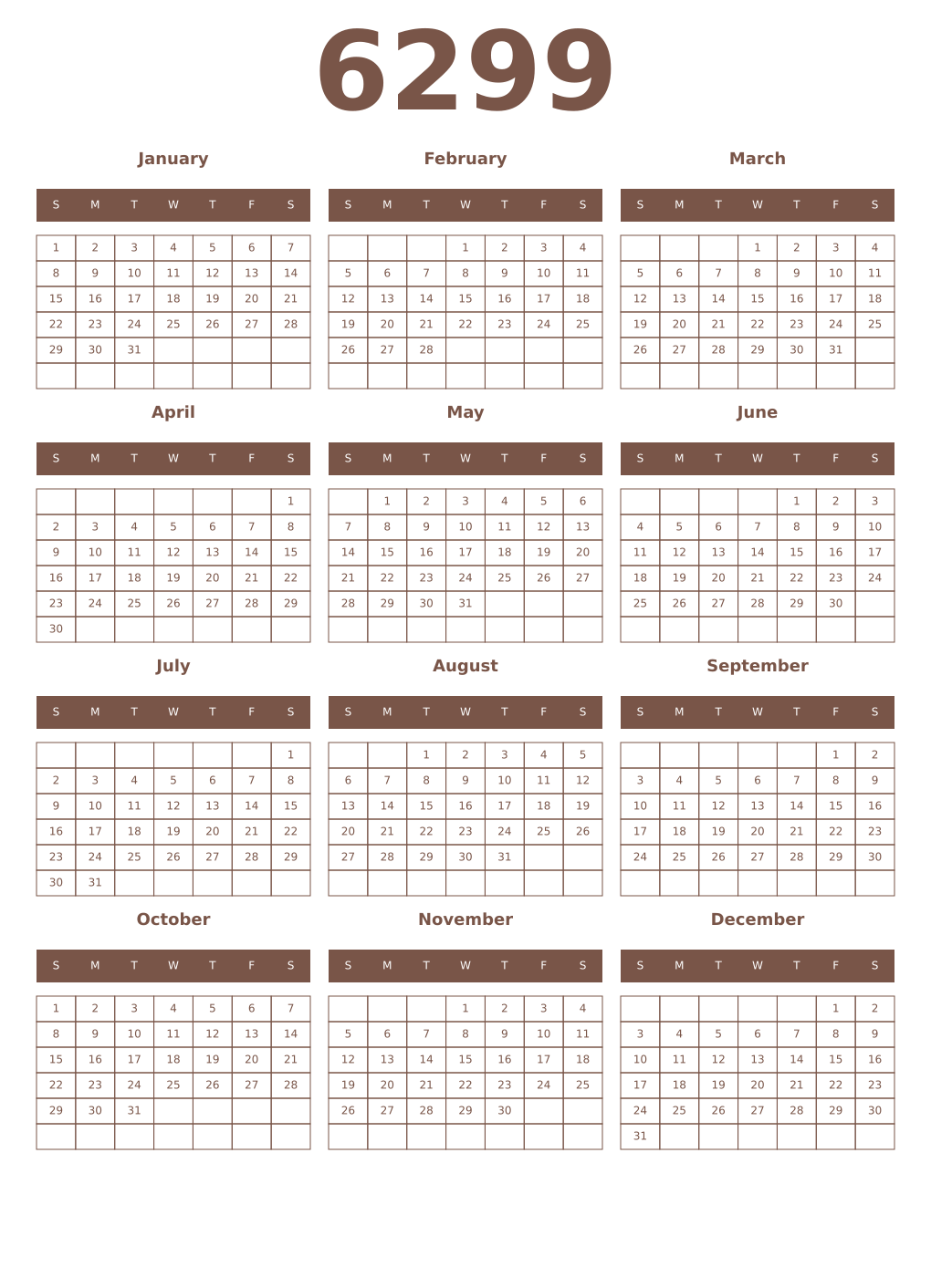 Printable 6299 Year Calendars coffe
