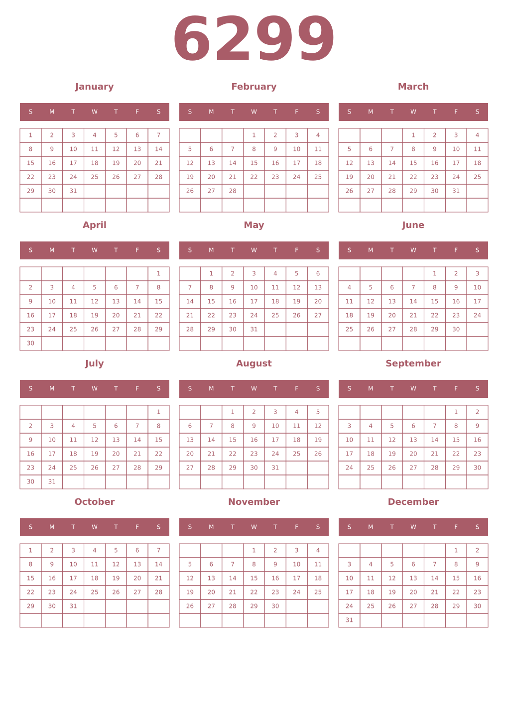 Printable 6299 Year Calendars puce
