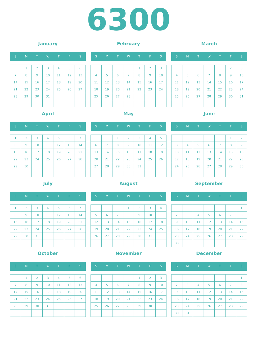 Printable 6300 Year Calendars verdigris