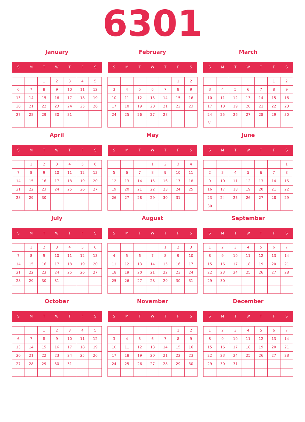 Printable 6301 Year Calendars amaranth
