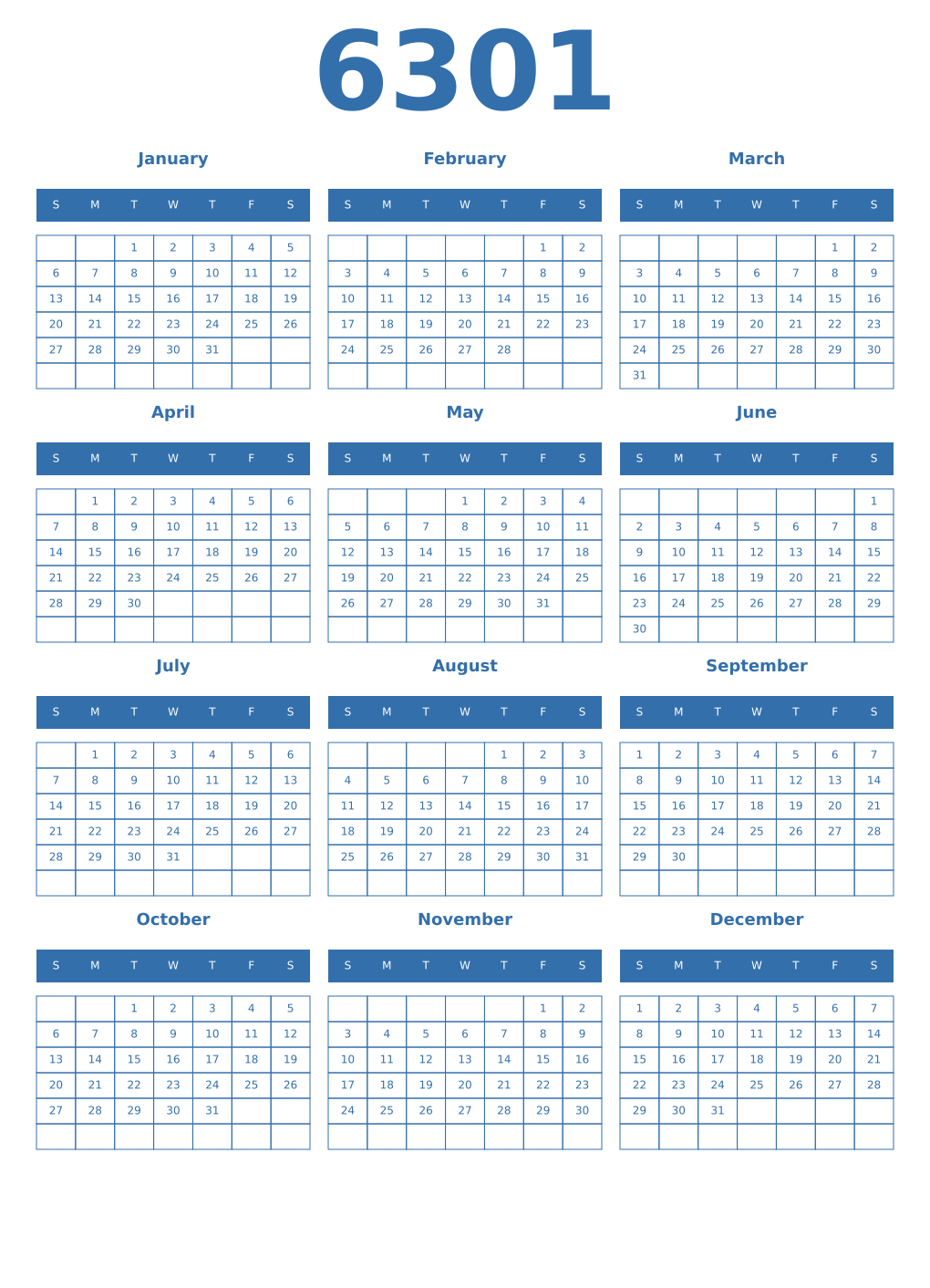Printable 6301 Year Calendars blue