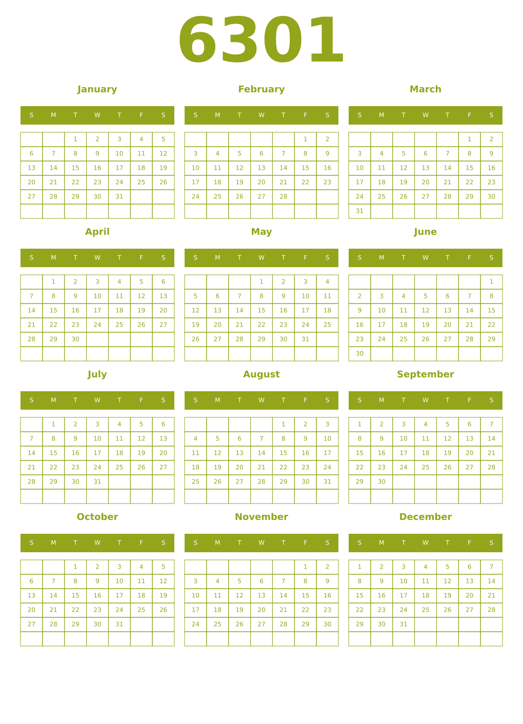 Printable 6301 Year Calendars chartreuse