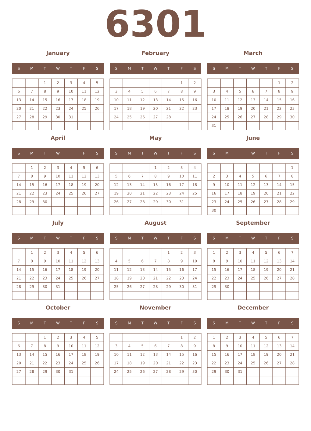 Printable 6301 Year Calendars coffe