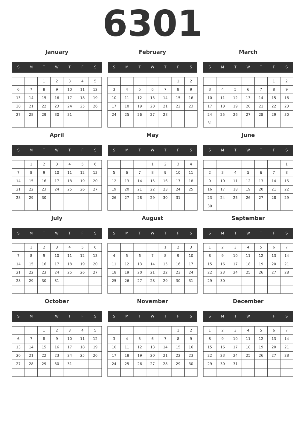 Printable 6301 Year Calendars dark