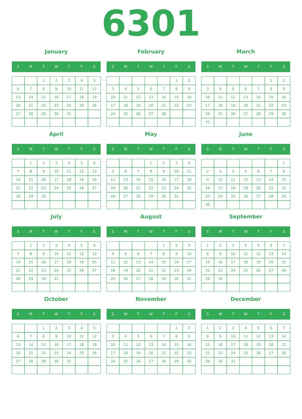 Printable 6301 Year Calendars green