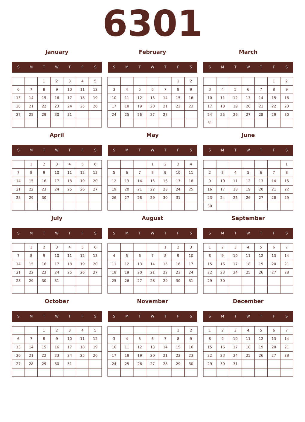 Printable 6301 Year Calendars mortuum