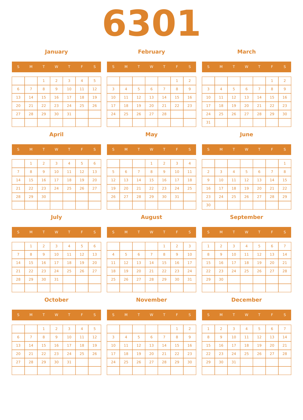 Printable 6301 Year Calendars orange