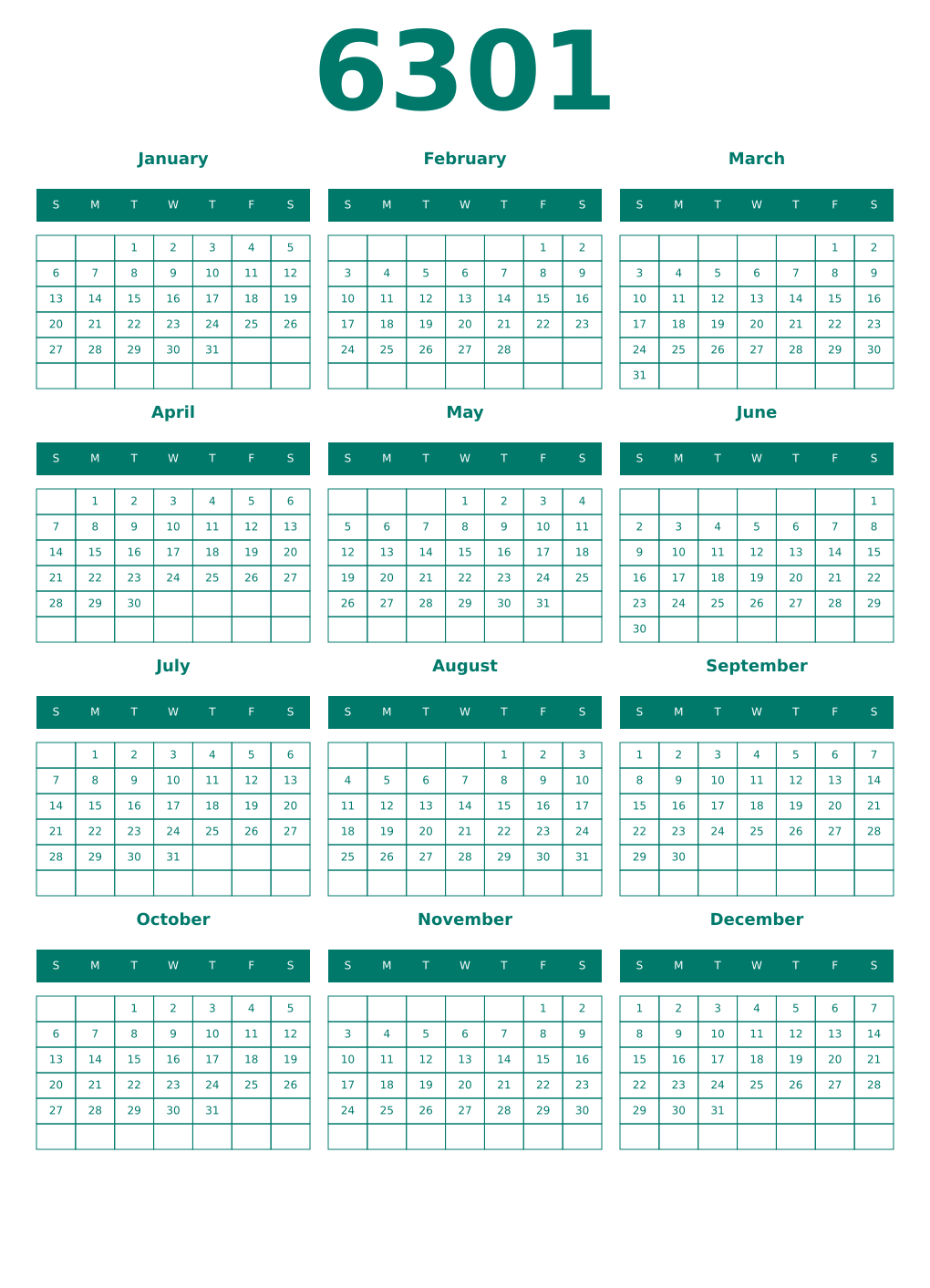 Printable 6301 Year Calendars pastel