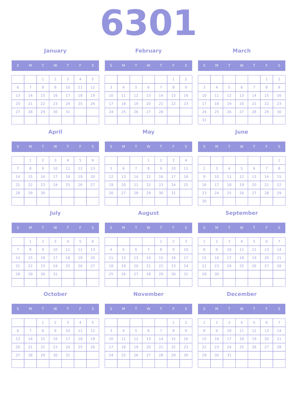 Printable 6301 Year Calendars periwinkle