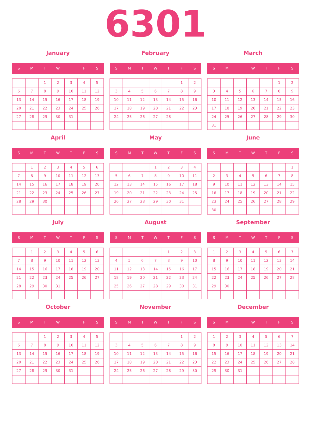 Printable 6301 Year Calendars pink