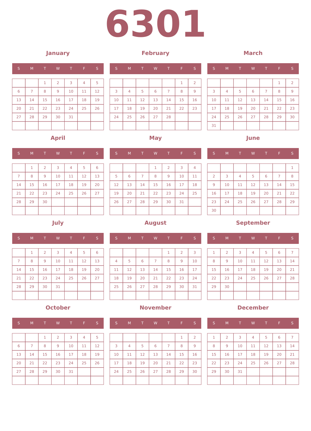 Printable 6301 Year Calendars puce