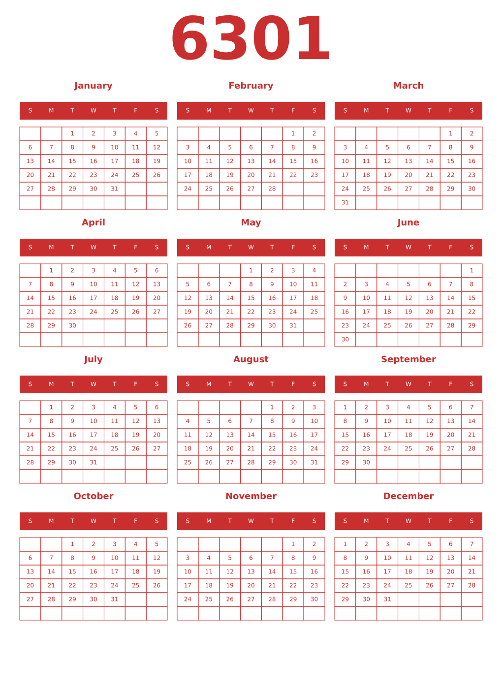 Printable 6301 Year Calendars red