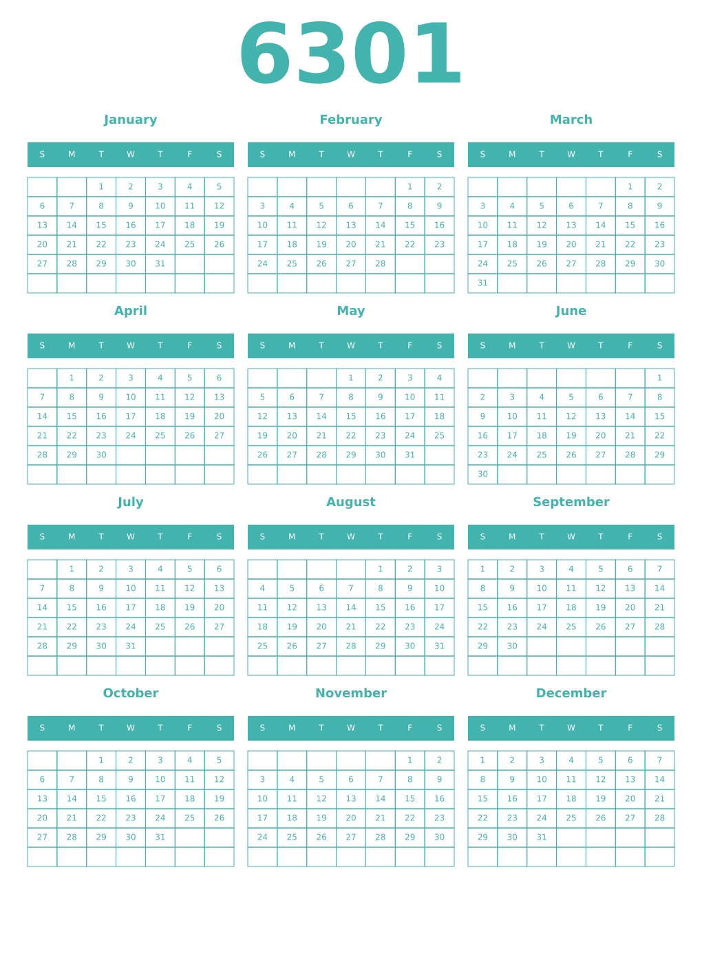 Printable 6301 Year Calendars verdigris