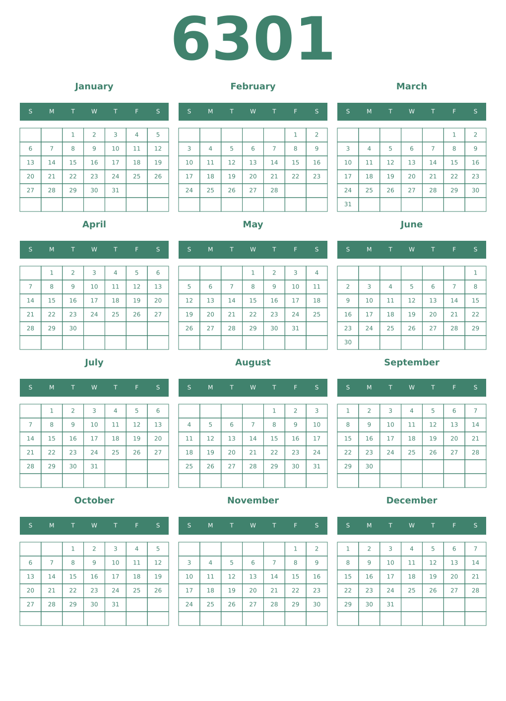 Printable 6301 Year Calendars viridian
