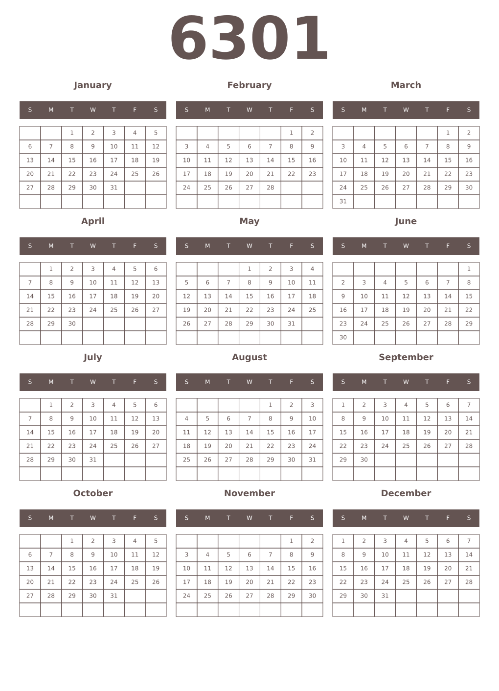 Printable 6301 Year Calendars wenge