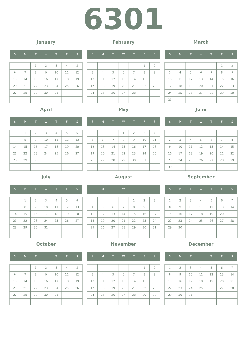 Printable 6301 Year Calendars xanadu