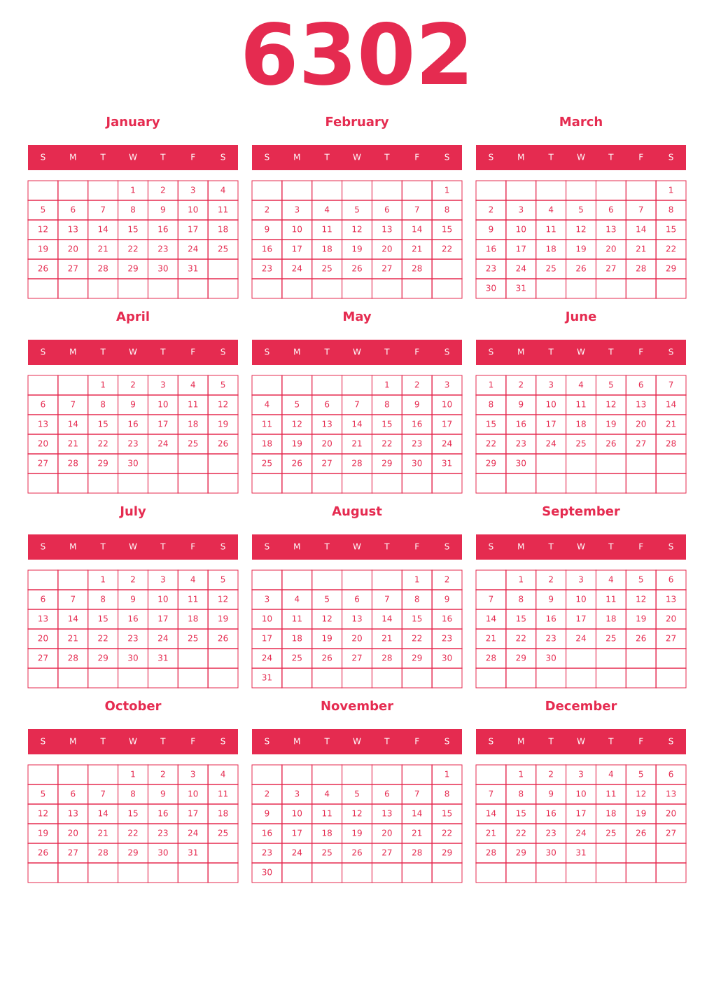 Printable 6302 Year Calendars amaranth