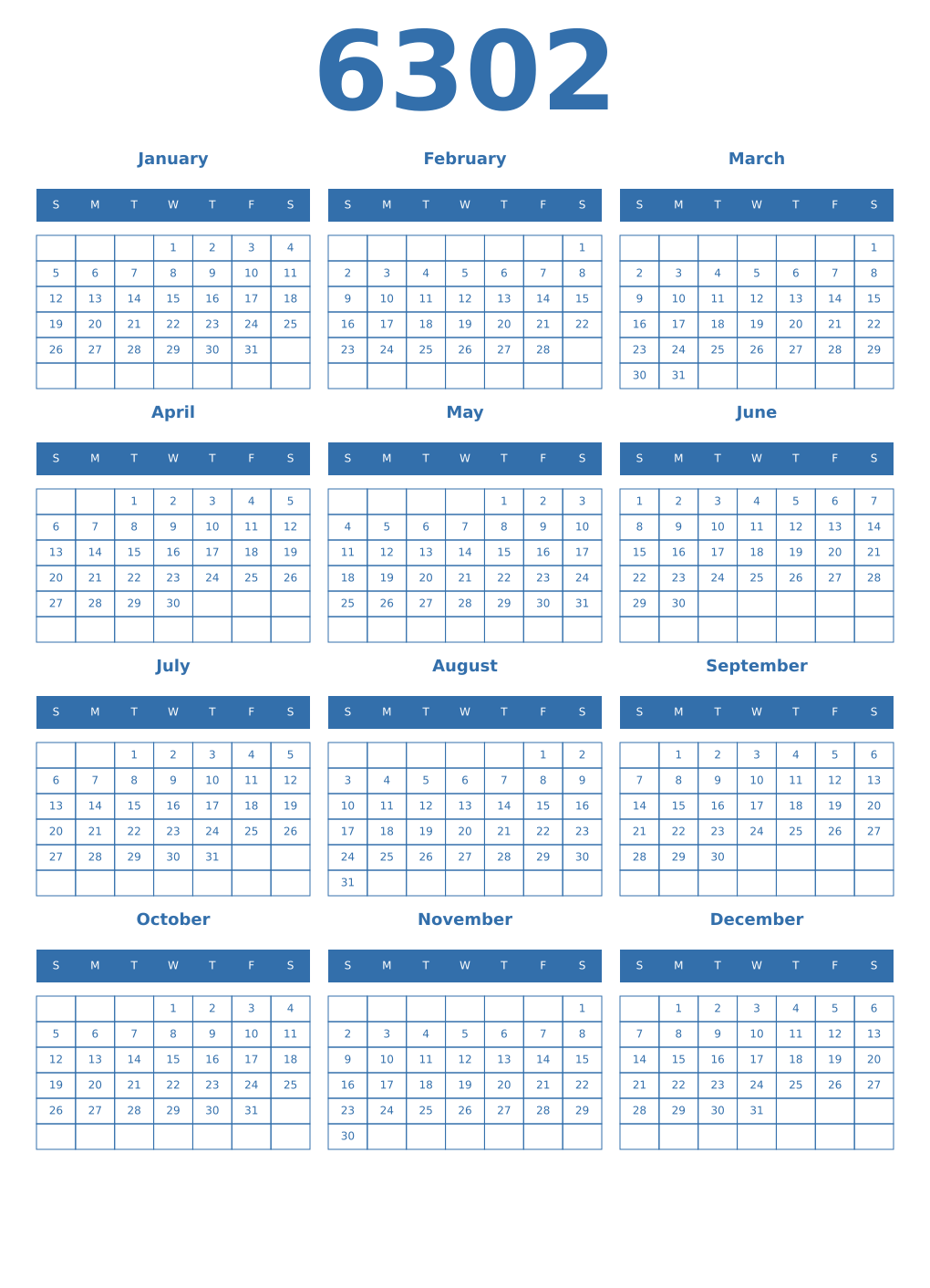 Printable 6302 Year Calendars blue