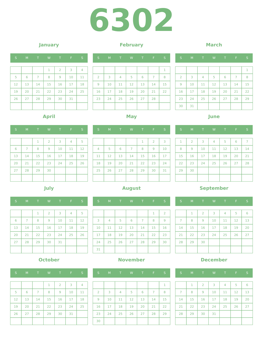 Printable 6302 Year Calendars celadon