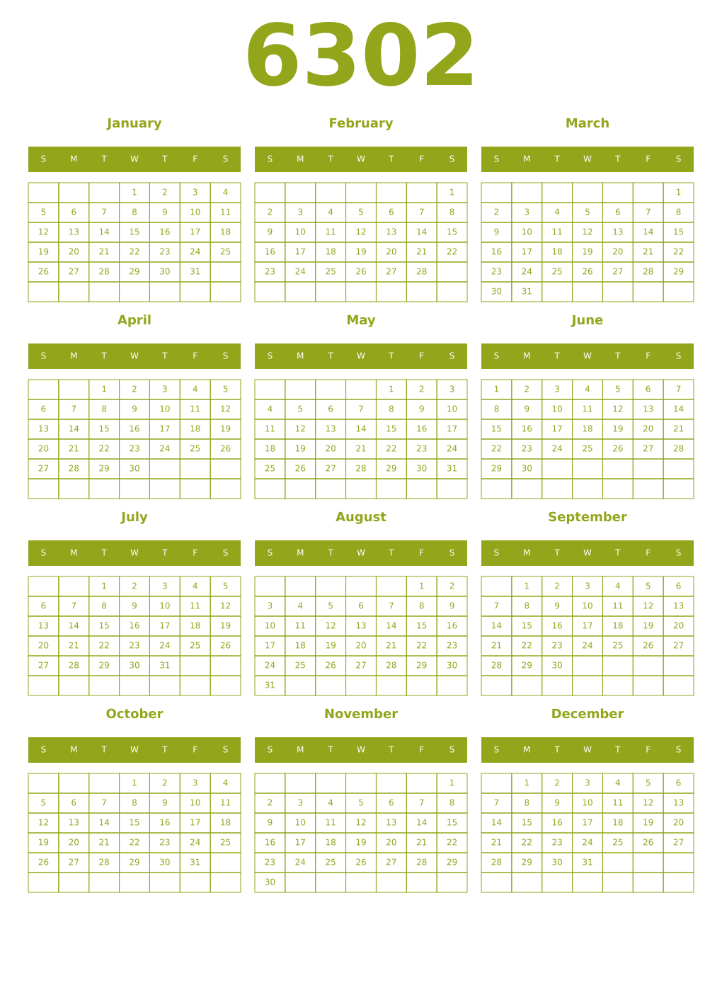 Printable 6302 Year Calendars chartreuse