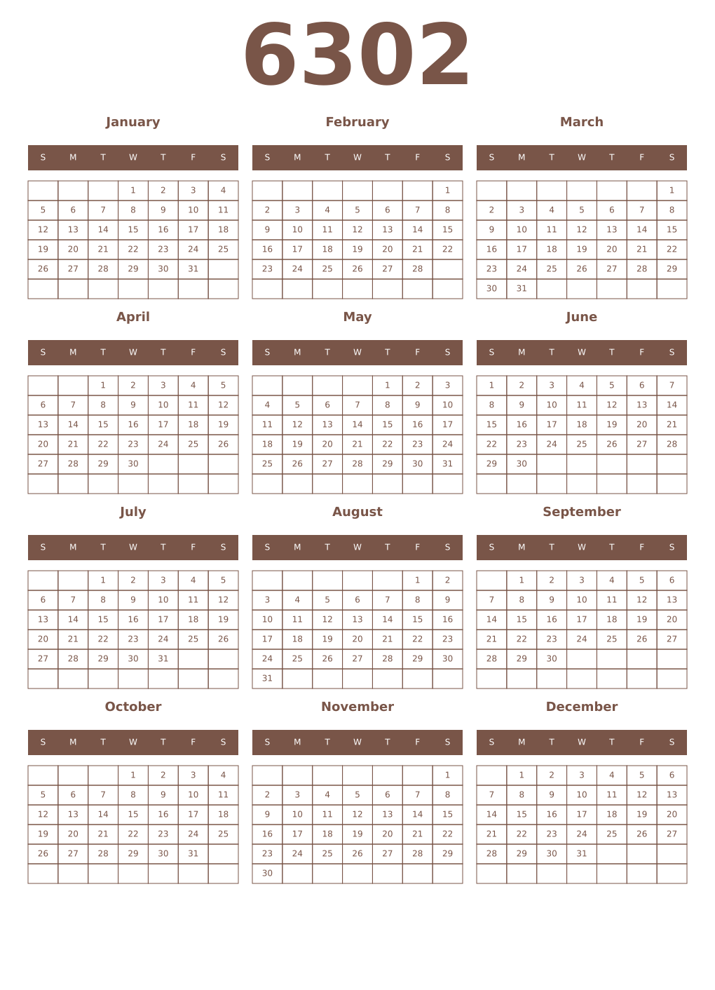 Printable 6302 Year Calendars coffe