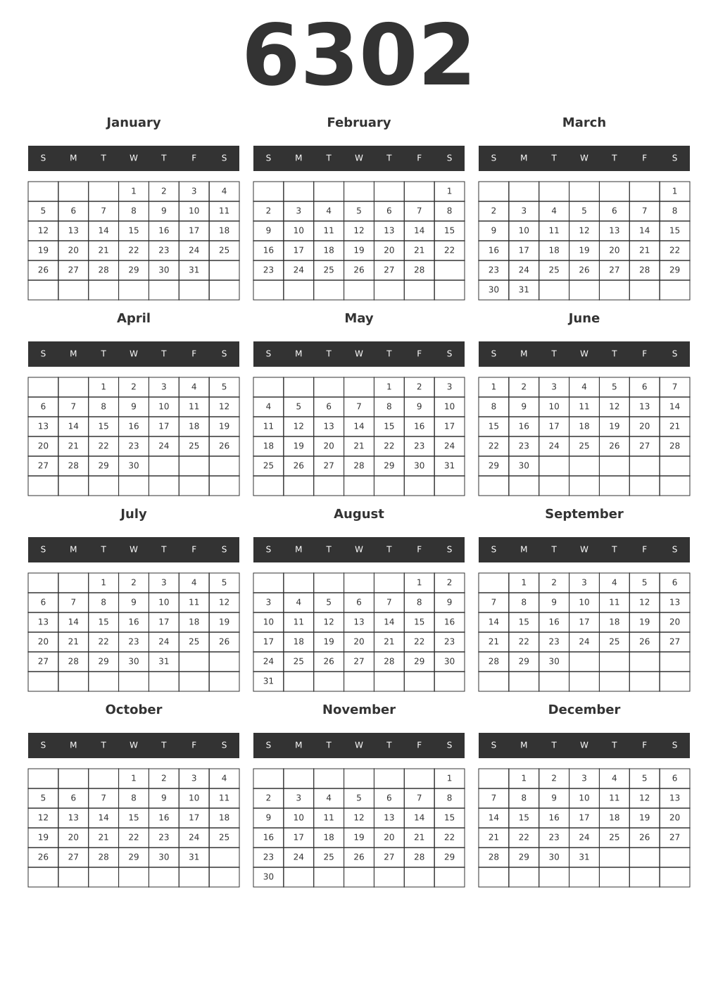 Printable 6302 Year Calendars dark
