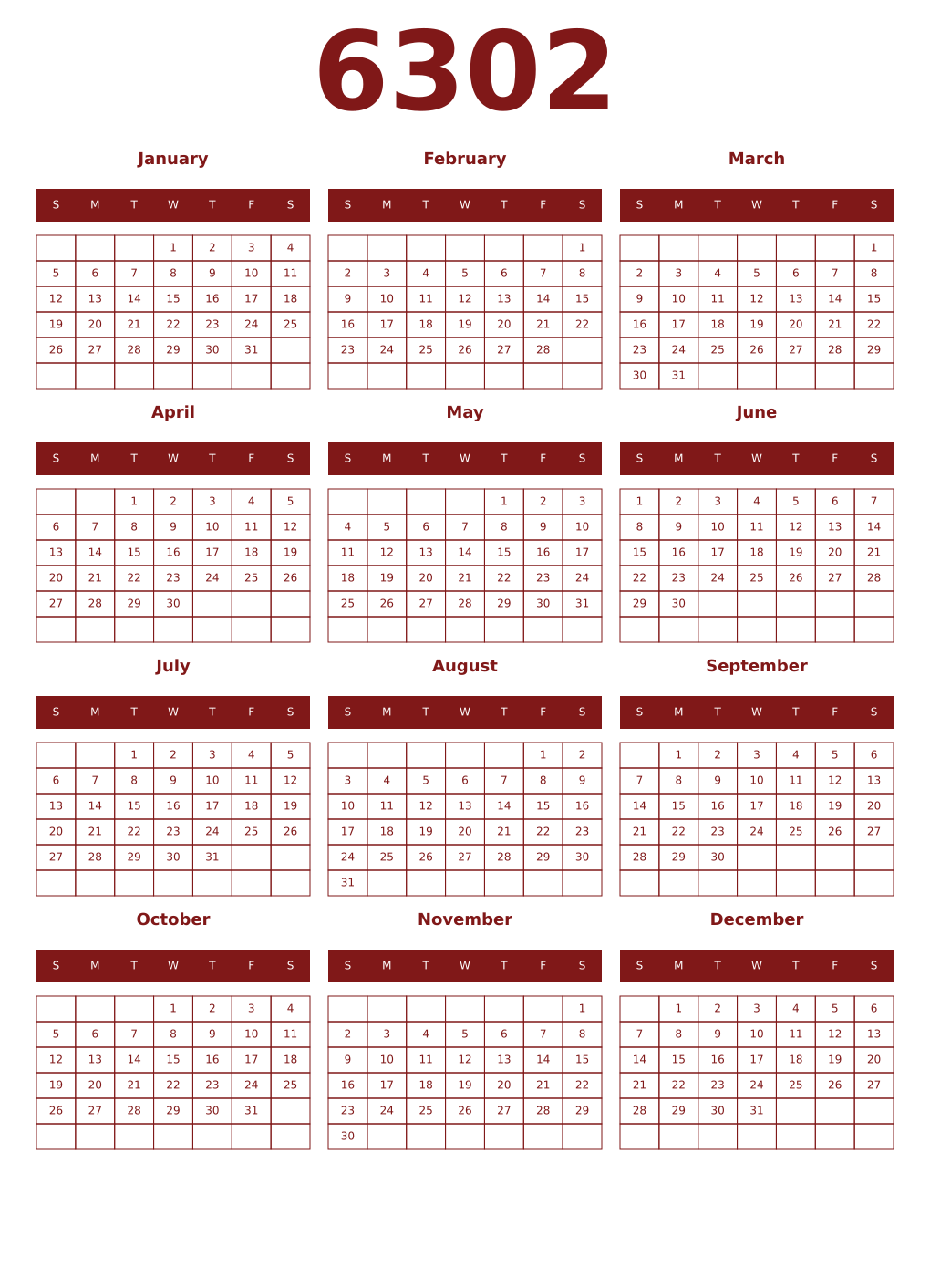 Printable 6302 Year Calendars falu