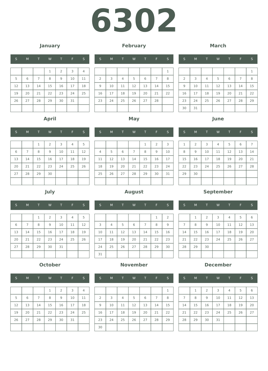 Printable 6302 Year Calendars feldgrau