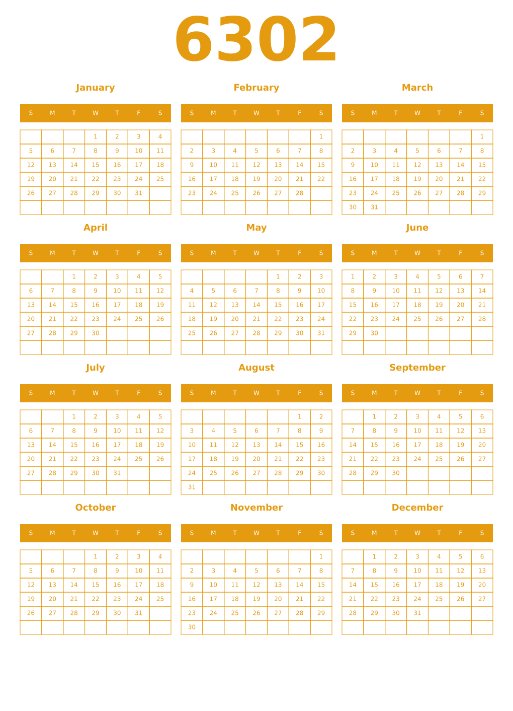 Printable 6302 Year Calendars gamboge