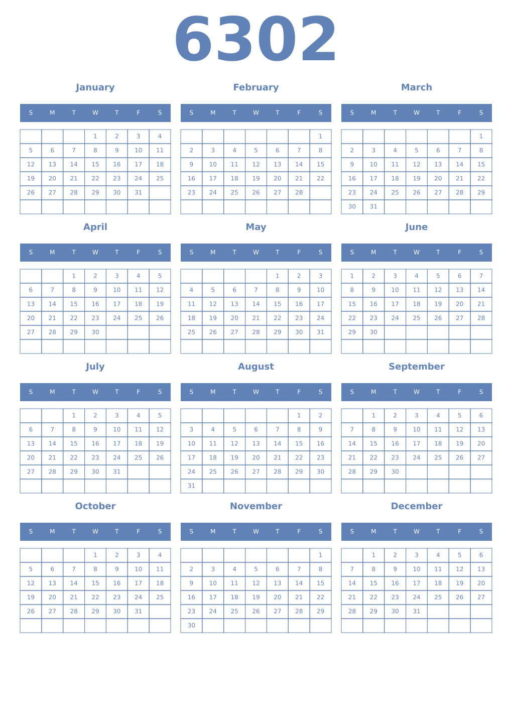 Printable 6302 Year Calendars glaucous