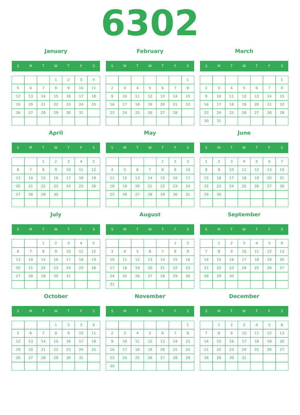 Printable 6302 Year Calendars green