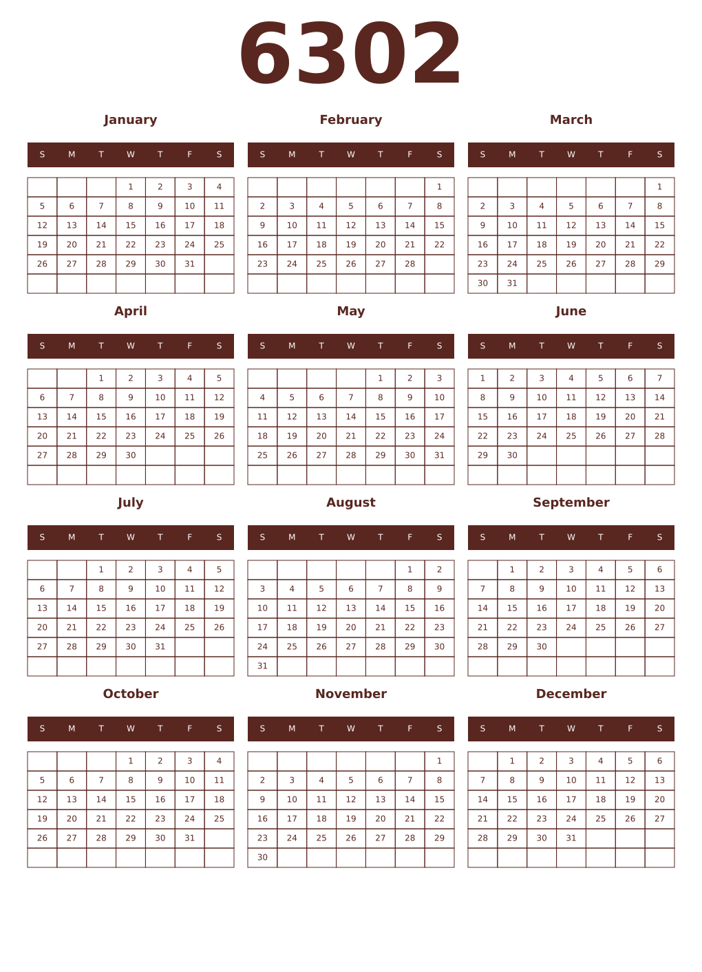 Printable 6302 Year Calendars mortuum
